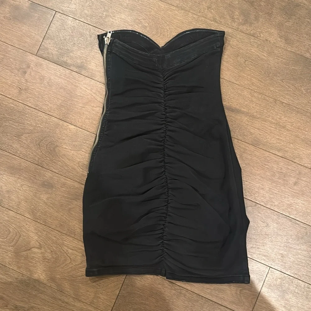Retrofete Black Strapless Ruched Mini Dress with Rhinestone Buttons